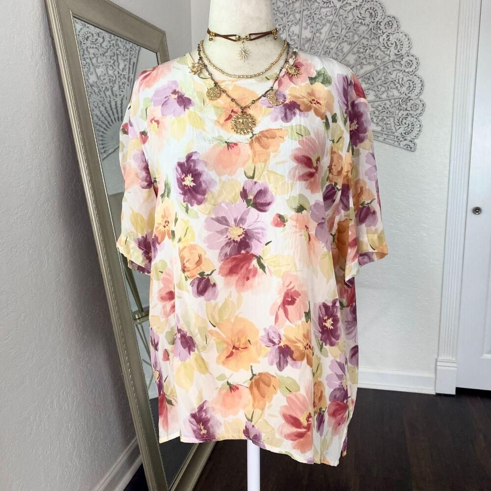 Michele Michelle Coquette Cottage Core White Pink Floral Pure Silk Top Blouse XL
